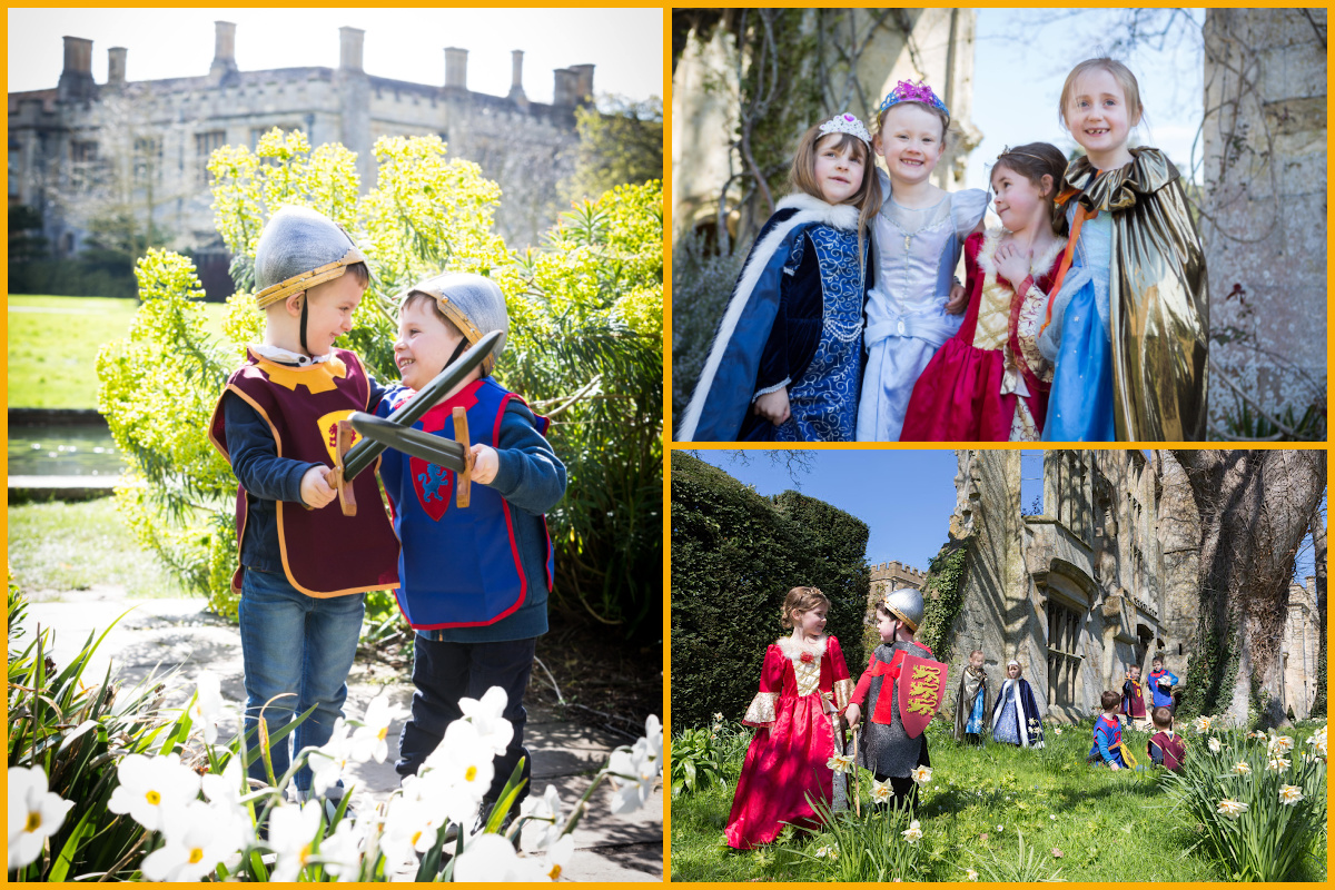 A collage of images of children dressed as princesses and knights at the Knight School.